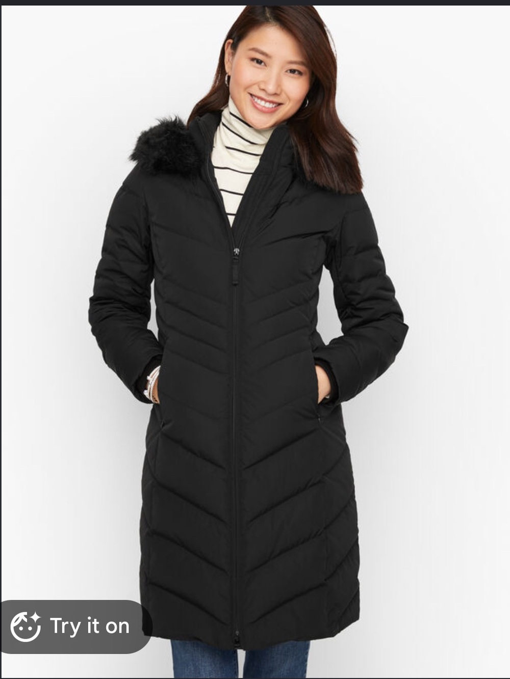 New XL Women’s Long Black Puffer Coat with Faux Fur Trim